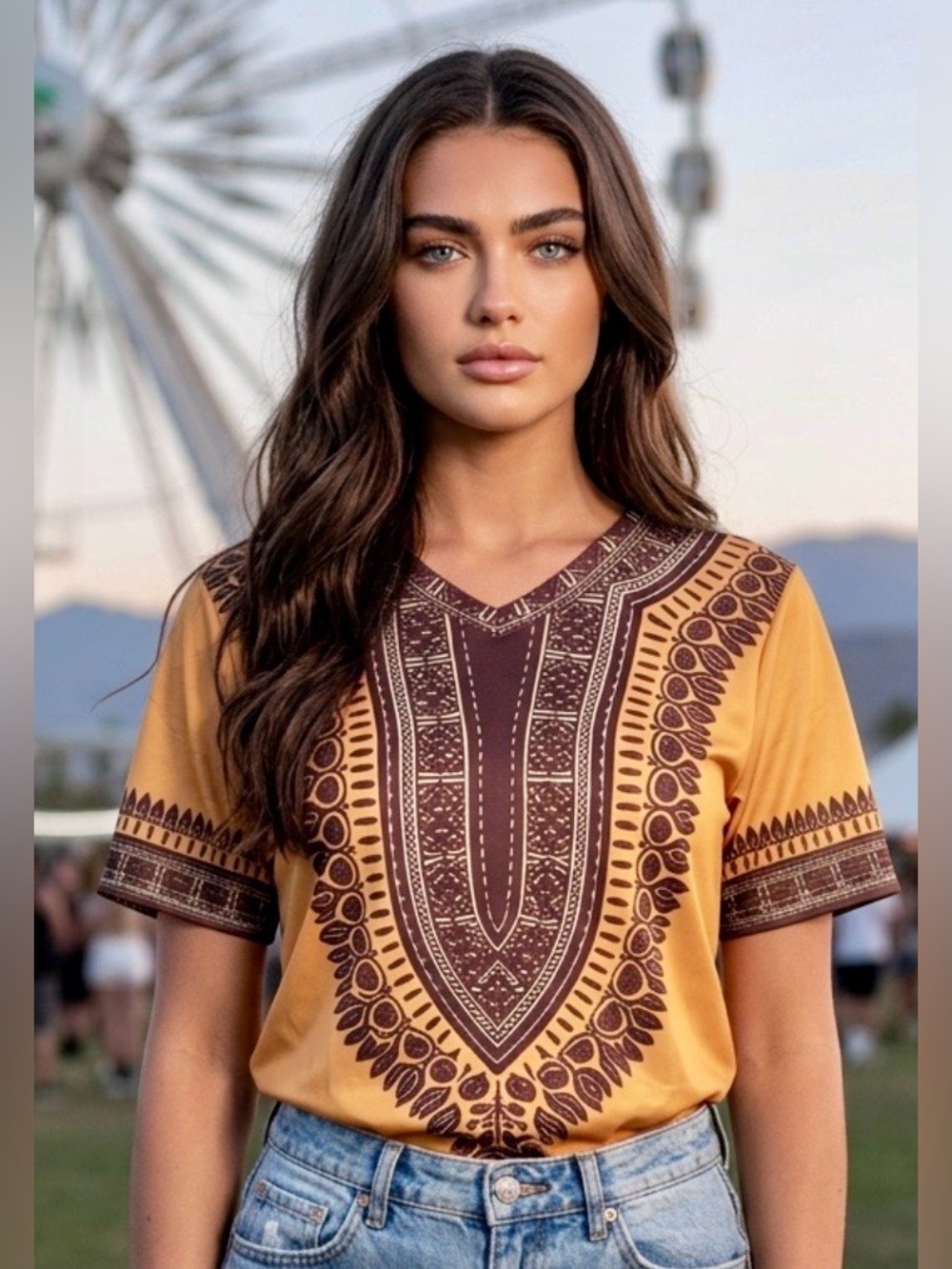 Woman’s Boho V-Neck Embroidered Women’s Top in Mustard M NWOT
